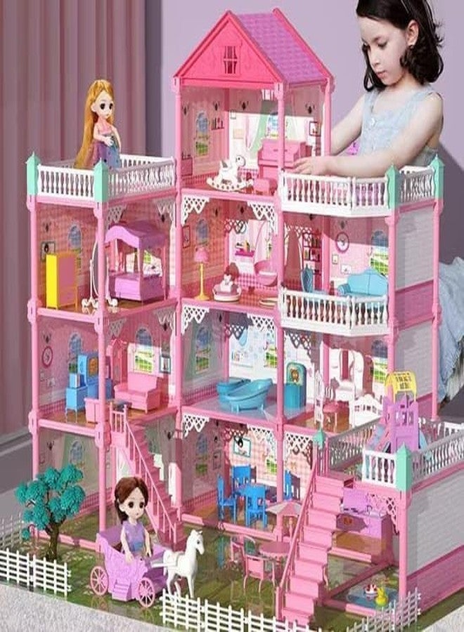 Junona Huge 11-Room Dollhouse with LED Lights, 2 Dolls, Furniture & Accessories, 31" x 28" x 27" Dream House, Pretend Play Gift for Girls Ages 3-12, Multicolor - Image 2
